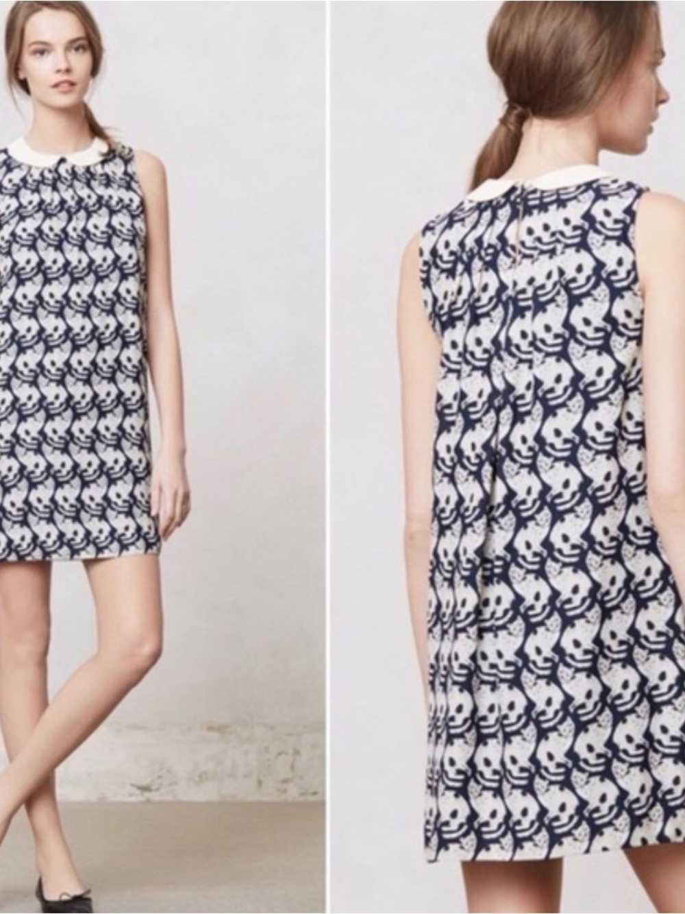 Postmark Anthropologie Women's Navy Cat Pattern Shift Dress Peter Pan Collar L